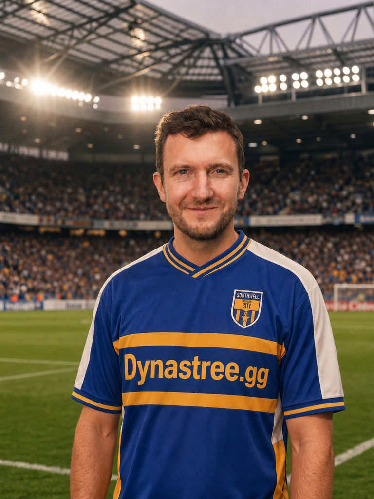 A Premier Dynastree manager in a blue and gold Southwell City kit at a floodlit football stadium